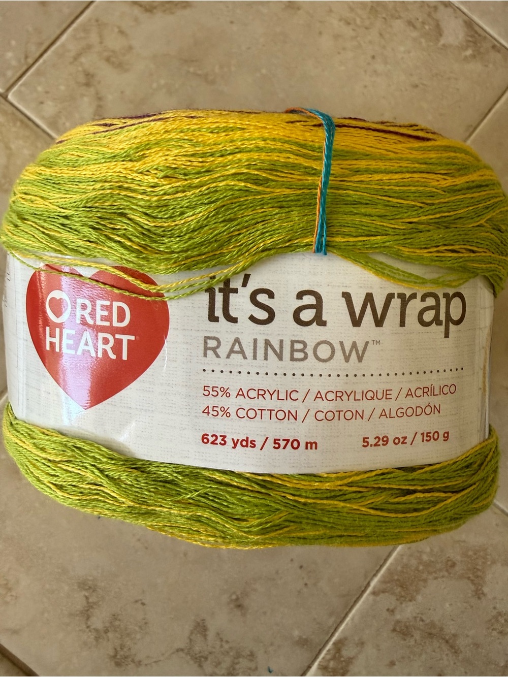 Red Heart "It's a Wrap Rainbow" Yarn in Lime, Yellow, Purple, Blue and Orange